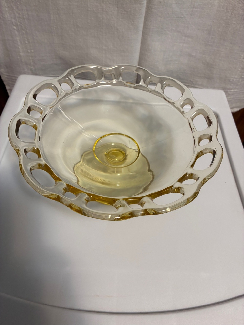 Vintage Yellow Glass Cake Stand Reticulated Edge 7.5" Diameter - Picture 2 of 5